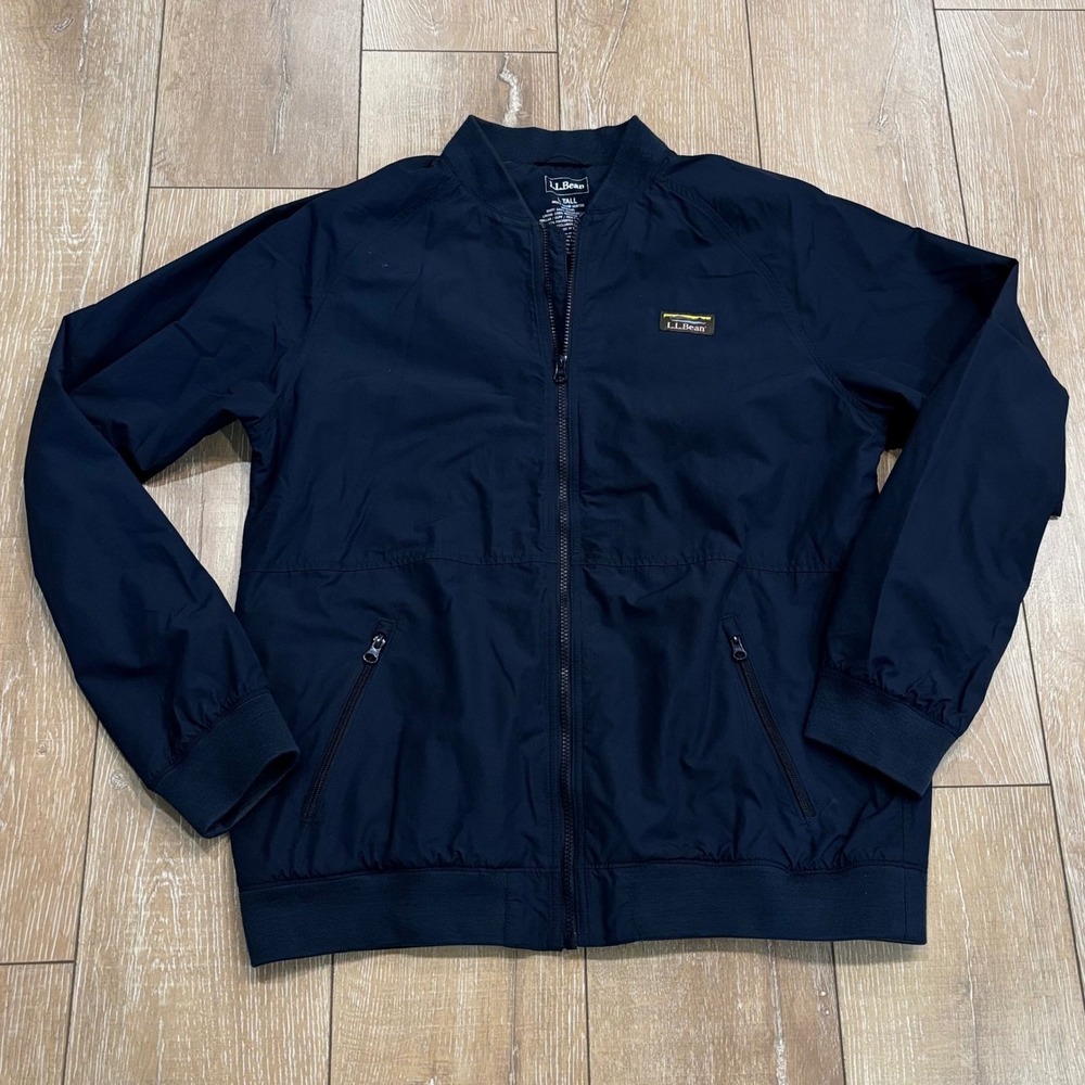 LL Bean Mens Bomber Jacket Navy Blue Full Zip Fleece Lined L Tall 516735